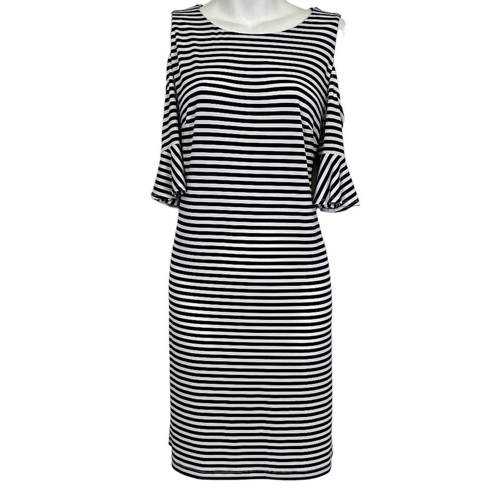 Donna Morgan Women's Striped Bell Half Sleeve Cold Shoulder Jersey Knit Dress 6